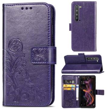 Embossing Imprint Four-Leaf Clover Leather Wallet Case for Sharp AQUOS R5G - Purple