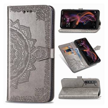 Embossing Imprint Mandala Flower Leather Wallet Case for Sharp AQUOS R5G - Gray
