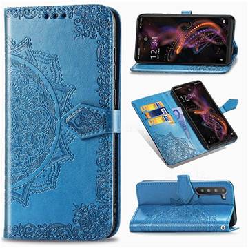 Embossing Imprint Mandala Flower Leather Wallet Case for Sharp AQUOS R5G - Blue