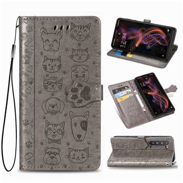 Embossing Dog Paw Kitten and Puppy Leather Wallet Case for Sharp AQUOS R5G - Gray