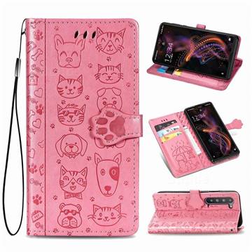 Embossing Dog Paw Kitten and Puppy Leather Wallet Case for Sharp AQUOS R5G - Pink