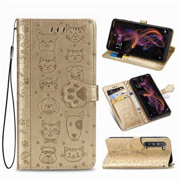 Embossing Dog Paw Kitten and Puppy Leather Wallet Case for Sharp AQUOS R5G - Champagne Gold