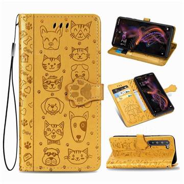 Embossing Dog Paw Kitten and Puppy Leather Wallet Case for Sharp AQUOS R5G - Yellow