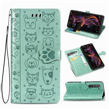 Embossing Dog Paw Kitten and Puppy Leather Wallet Case for Sharp AQUOS R5G - Green