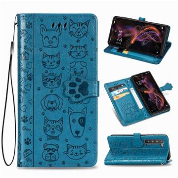 Embossing Dog Paw Kitten and Puppy Leather Wallet Case for Sharp AQUOS R5G - Blue
