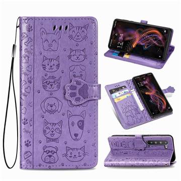 Embossing Dog Paw Kitten and Puppy Leather Wallet Case for Sharp AQUOS R5G - Purple