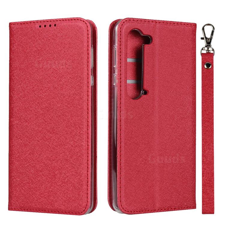 Ultra Slim Magnetic Automatic Suction Silk Lanyard Leather Flip Cover for Sharp AQUOS R5G - Red