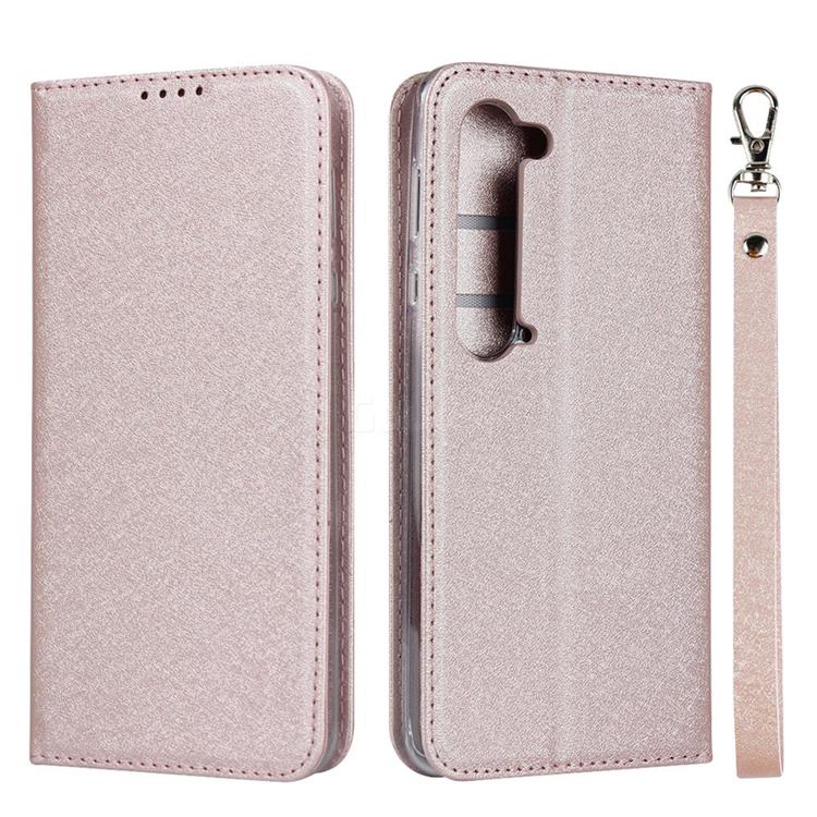 Ultra Slim Magnetic Automatic Suction Silk Lanyard Leather Flip Cover for Sharp AQUOS R5G - Rose Gold
