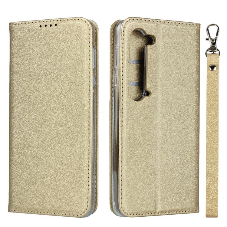 Ultra Slim Magnetic Automatic Suction Silk Lanyard Leather Flip Cover for Sharp AQUOS R5G - Golden