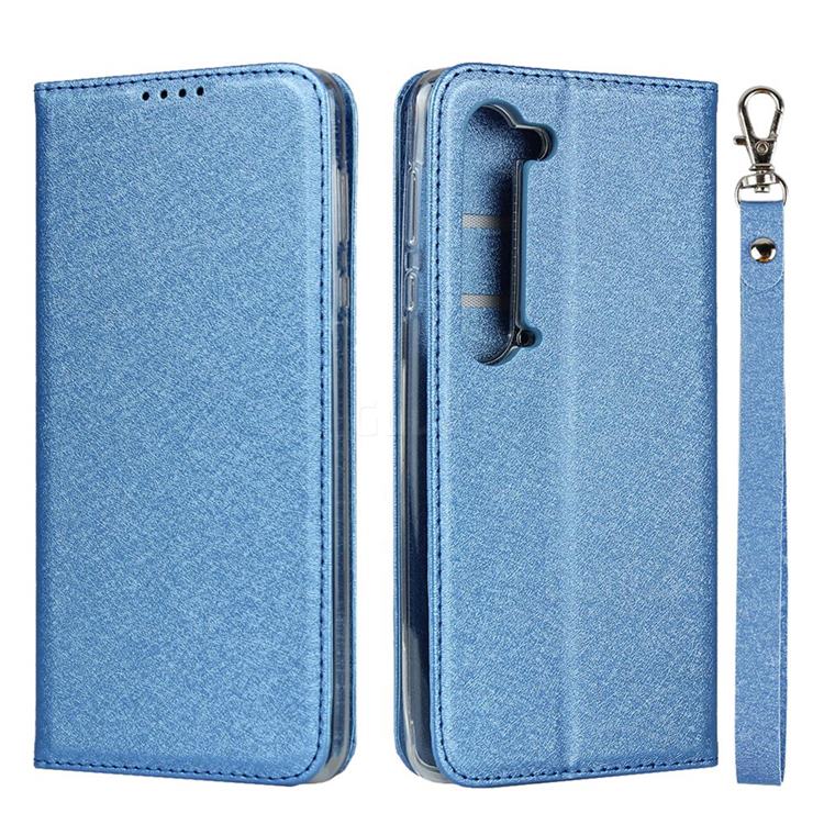 Ultra Slim Magnetic Automatic Suction Silk Lanyard Leather Flip Cover for Sharp AQUOS R5G - Sky Blue