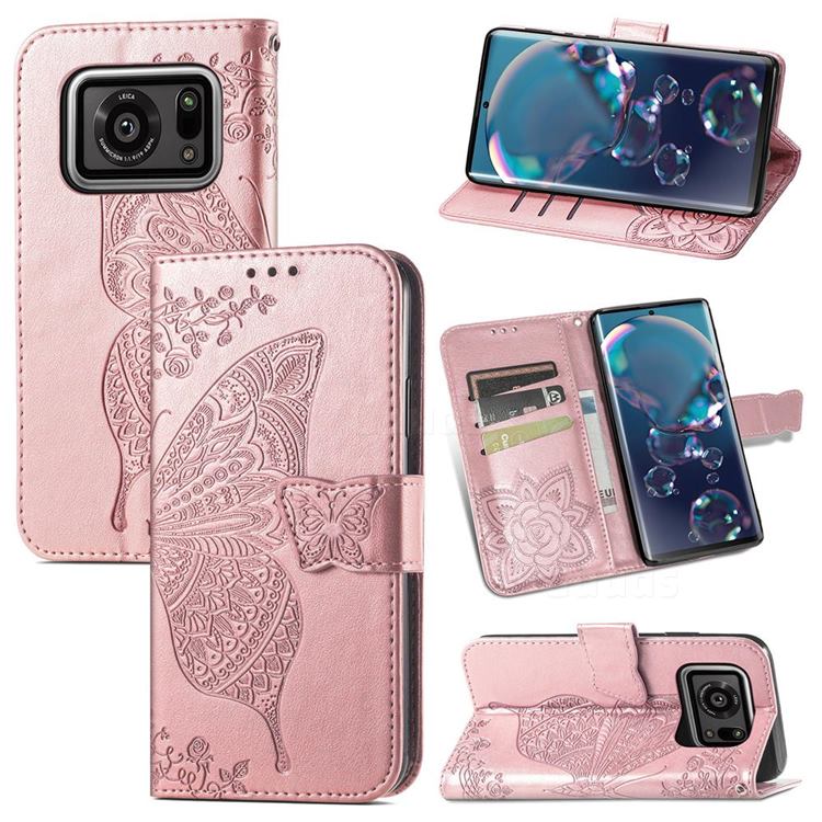 Embossing Mandala Flower Butterfly Leather Wallet Case for Sharp AQUOS R6 SH-51B - Rose Gold