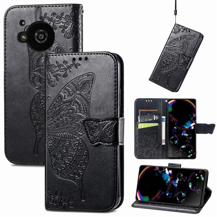 Embossing Mandala Flower Butterfly Leather Wallet Case for Sharp AQUOS R7 SH-52C - Black