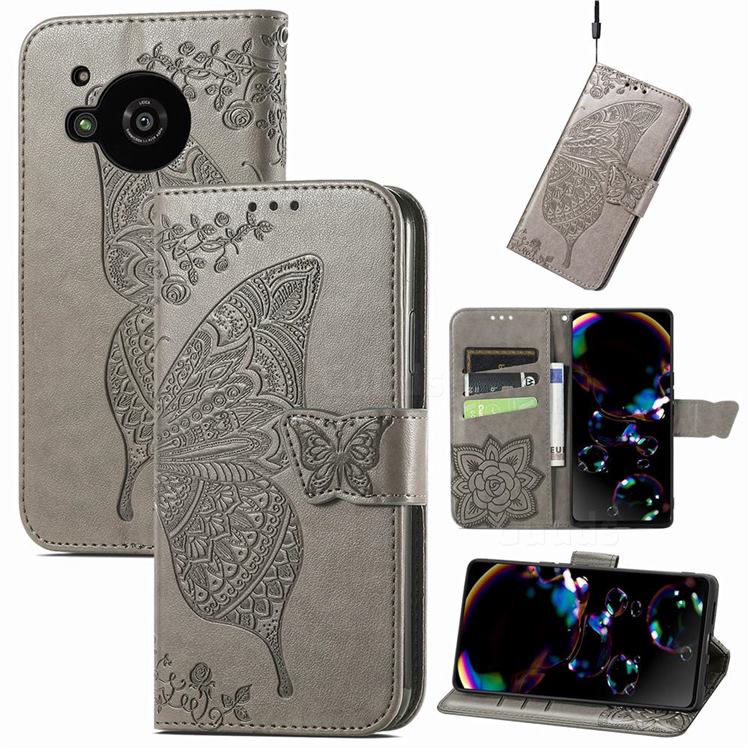 Embossing Mandala Flower Butterfly Leather Wallet Case for Sharp AQUOS R7 SH-52C - Gray