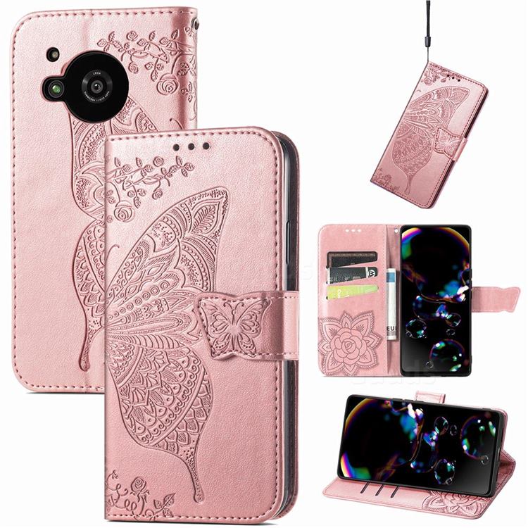 Embossing Mandala Flower Butterfly Leather Wallet Case for Sharp AQUOS R7 SH-52C - Rose Gold