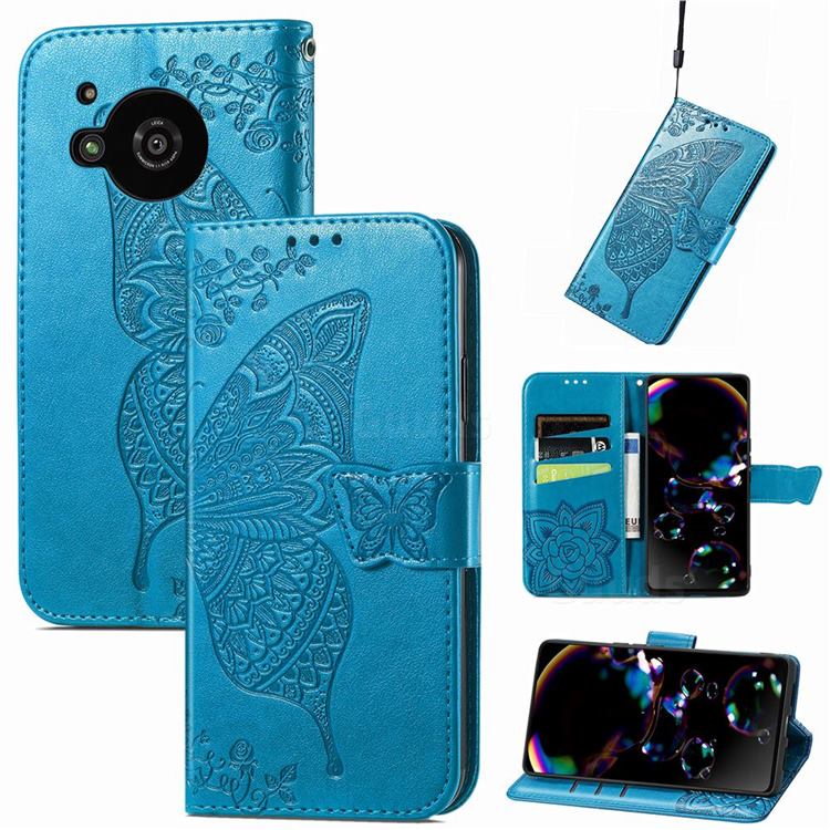 Embossing Mandala Flower Butterfly Leather Wallet Case for Sharp AQUOS R7 SH-52C - Blue