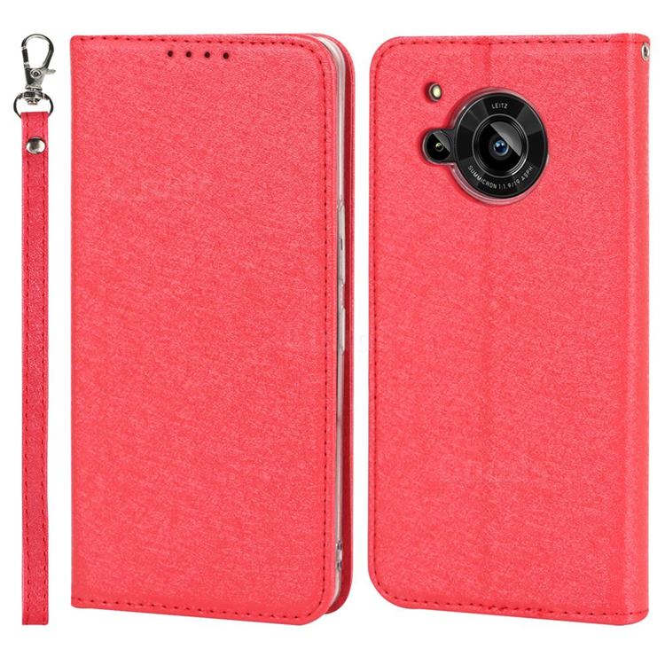Ultra Slim Magnetic Automatic Suction Silk Lanyard Leather Flip Cover for Sharp AQUOS R7 SH-52C - Red