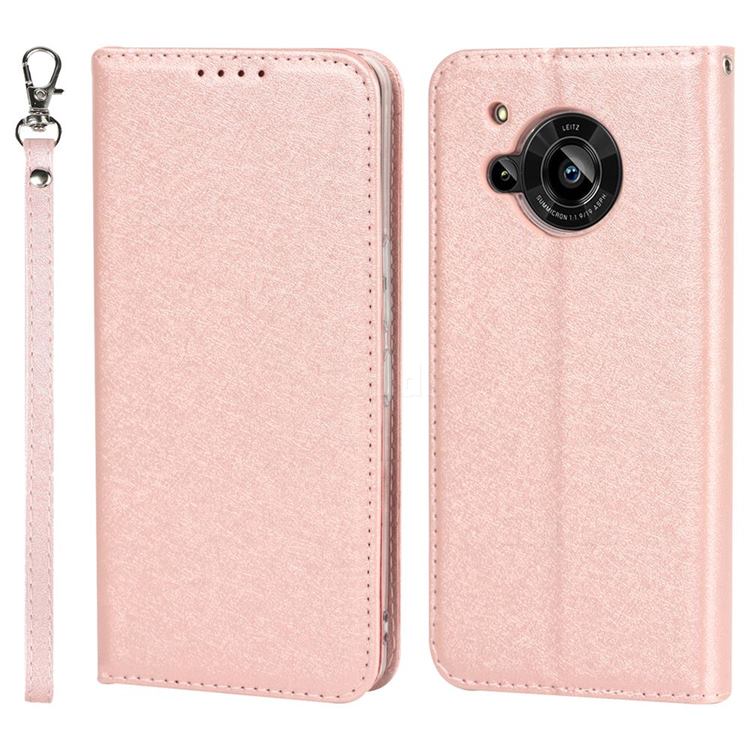 Ultra Slim Magnetic Automatic Suction Silk Lanyard Leather Flip Cover for Sharp AQUOS R7 SH-52C - Rose Gold