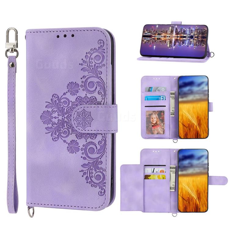 Skin Feel Embossed Lace Flower Multiple Card Slots Leather Wallet Phone Case for Sharp AQUOS R7 SH-52C - Purple
