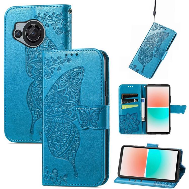 Embossing Mandala Flower Butterfly Leather Wallet Case for Sharp AQUOS R8 SH-52D - Blue