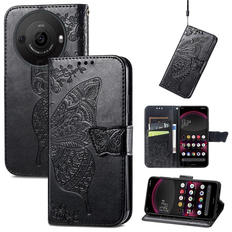 Embossing Mandala Flower Butterfly Leather Wallet Case for Sharp AQUOS R8 Pro SH-51D - Black