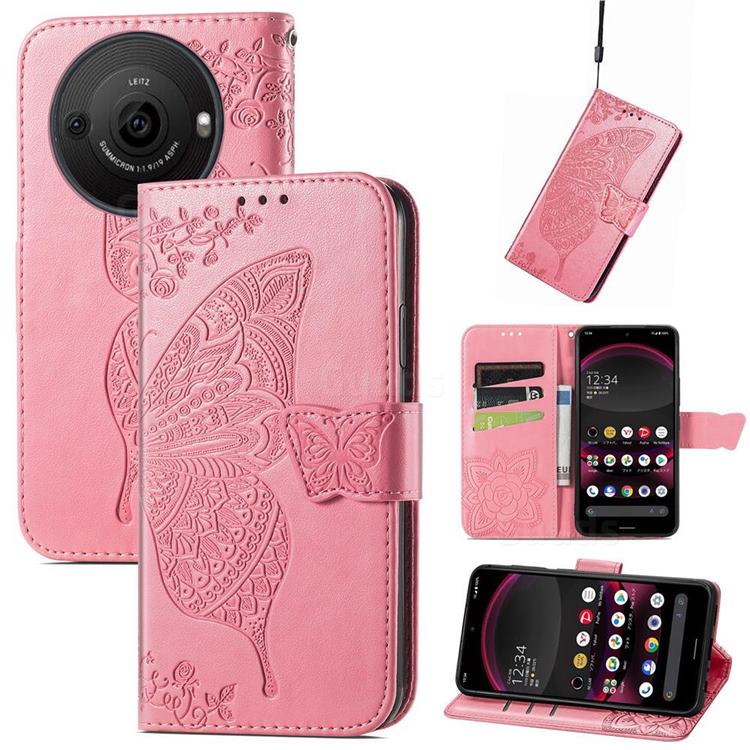 Embossing Mandala Flower Butterfly Leather Wallet Case for Sharp AQUOS R8 Pro SH-51D - Pink