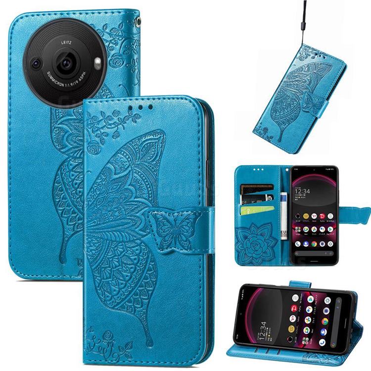 Embossing Mandala Flower Butterfly Leather Wallet Case for Sharp AQUOS R8 Pro SH-51D - Blue