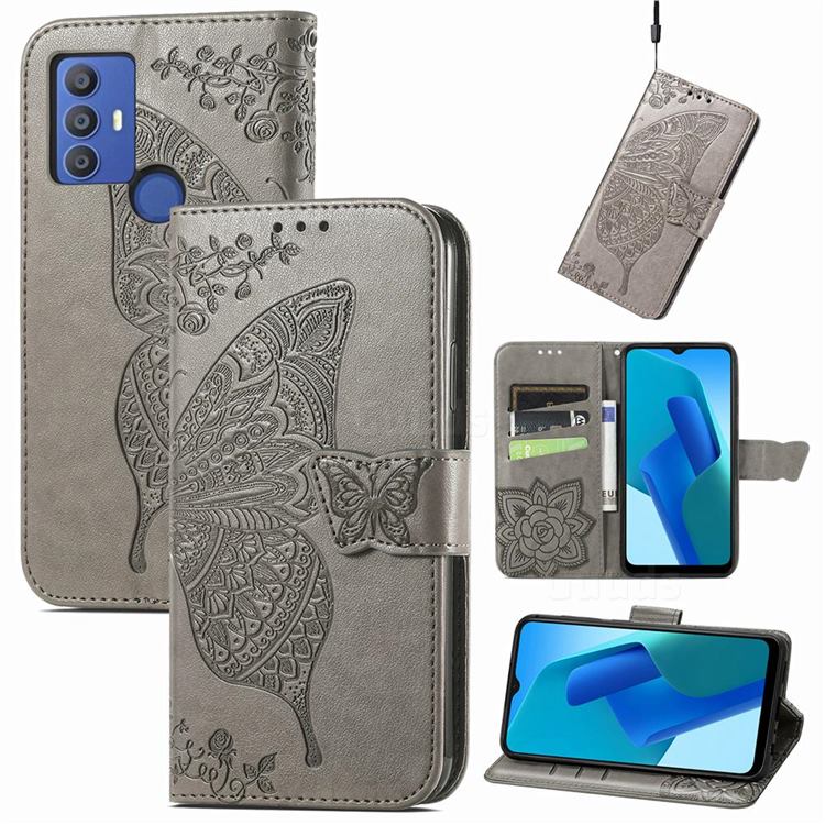 Embossing Mandala Flower Butterfly Leather Wallet Case for Sharp AQUOS V6 - Gray