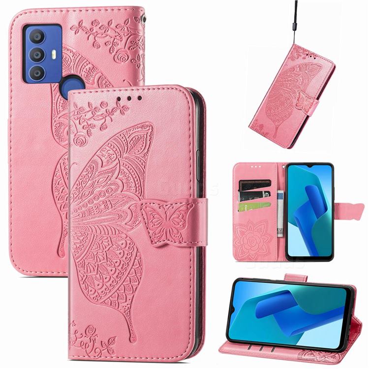 Embossing Mandala Flower Butterfly Leather Wallet Case for Sharp AQUOS V6 - Pink