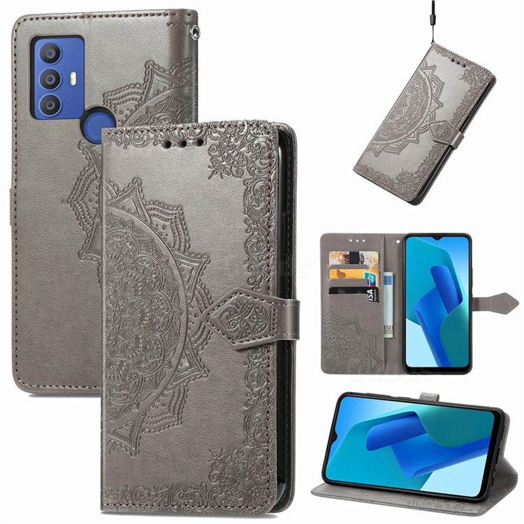 Embossing Imprint Mandala Flower Leather Wallet Case for Sharp AQUOS V6 - Gray
