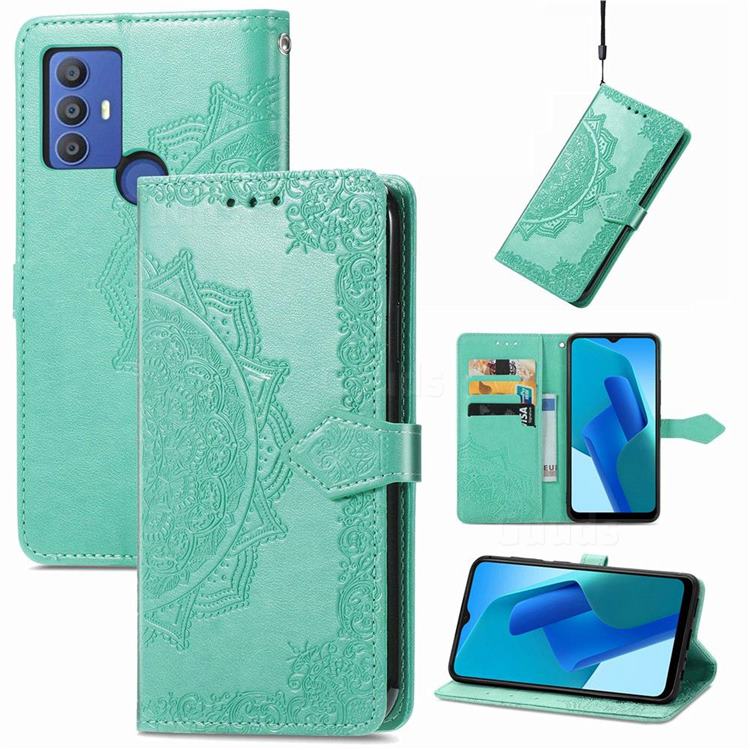 Embossing Imprint Mandala Flower Leather Wallet Case for Sharp AQUOS V6 - Green