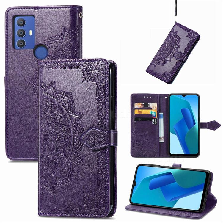 Embossing Imprint Mandala Flower Leather Wallet Case for Sharp AQUOS V6 - Purple