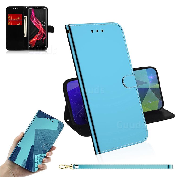 Shining Mirror Like Surface Leather Wallet Case for Sharp Aquos Zero - Blue