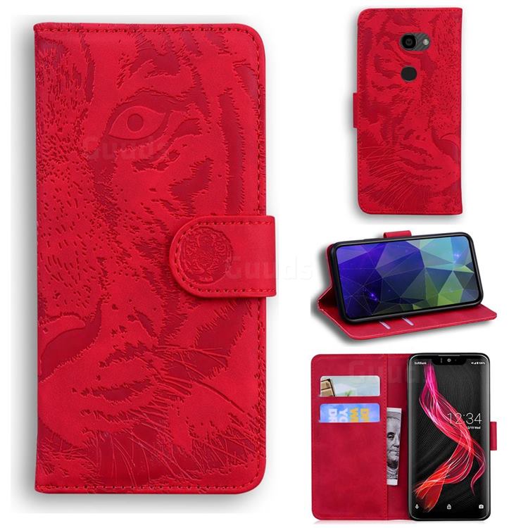 Intricate Embossing Tiger Face Leather Wallet Case for Sharp Aquos Zero - Red