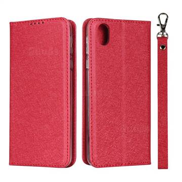 Ultra Slim Magnetic Automatic Suction Silk Lanyard Leather Flip Cover for Sharp  AQUOS sense plus SH-M07 - Red - Sharp AQUOS sense plus SH-M07 Cases