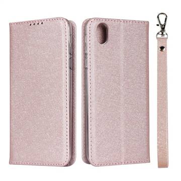 Ultra Slim Magnetic Automatic Suction Silk Lanyard Leather Flip Cover for Sharp AQUOS sense plus SH-M07 - Rose Gold