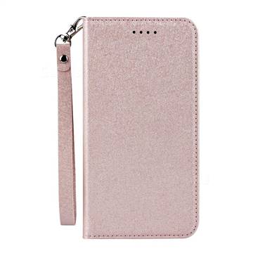 Ultra Slim Magnetic Automatic Suction Silk Lanyard Leather Flip Cover for  Sharp AQUOS sense plus SH-M07 - Rose Gold