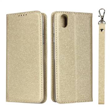 Ultra Slim Magnetic Automatic Suction Silk Lanyard Leather Flip Cover for Sharp AQUOS sense plus SH-M07 - Golden