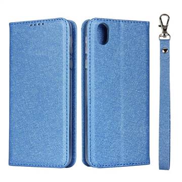 Ultra Slim Magnetic Automatic Suction Silk Lanyard Leather Flip Cover for Sharp AQUOS sense plus SH-M07 - Sky Blue