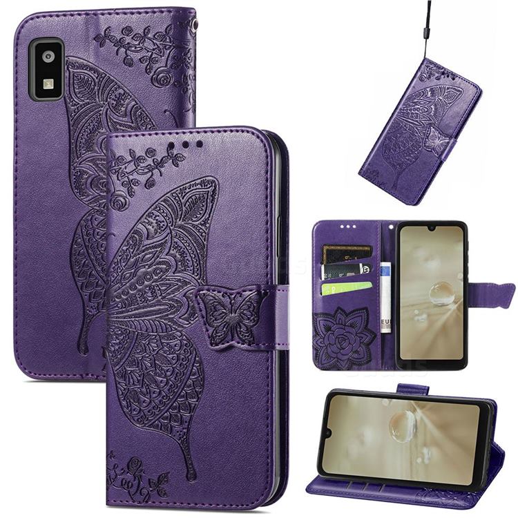 Embossing Mandala Flower Butterfly Leather Wallet Case for Sharp AQUOS wish SH-M20 - Dark Purple