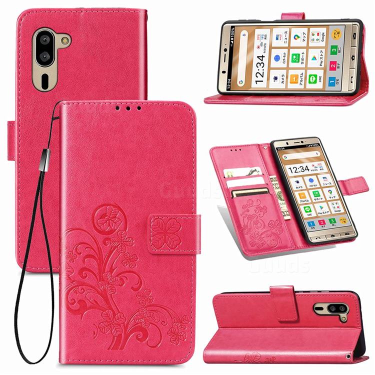 Embossing Imprint Four-Leaf Clover Leather Wallet Case for Sharp Simple Sumaho5 - Rose Red