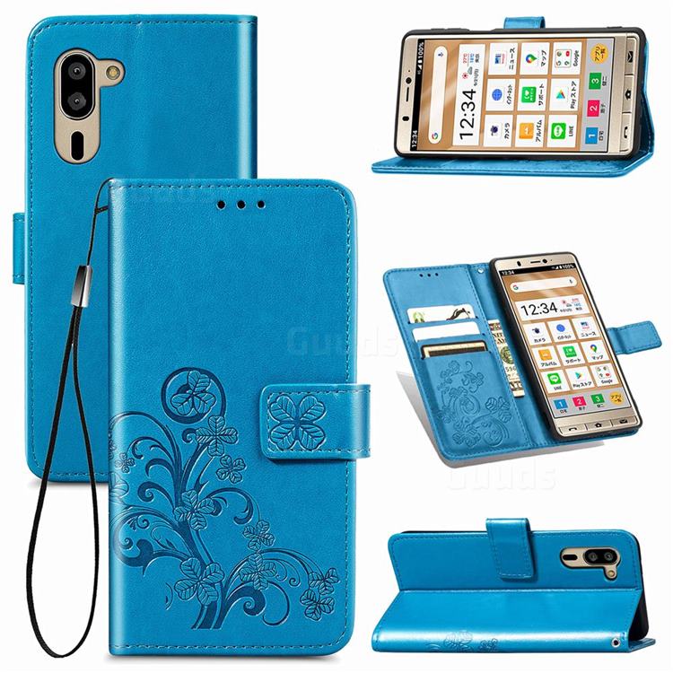 Embossing Imprint Four-Leaf Clover Leather Wallet Case for Sharp Simple Sumaho5 - Blue