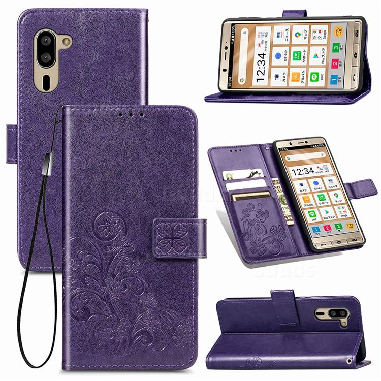 Embossing Imprint Four-Leaf Clover Leather Wallet Case for Sharp Simple Sumaho5 - Purple