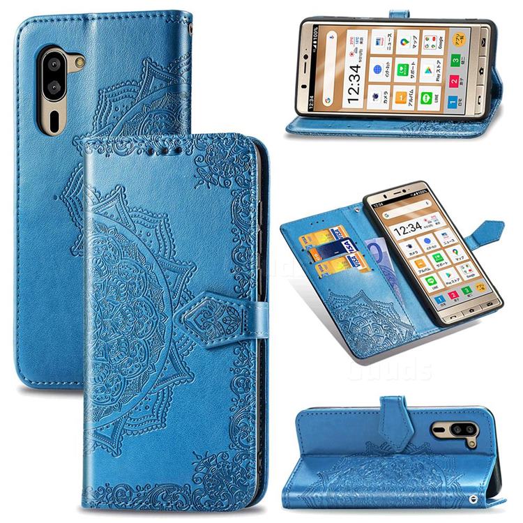 Embossing Imprint Mandala Flower Leather Wallet Case for Sharp Simple Sumaho5 - Blue