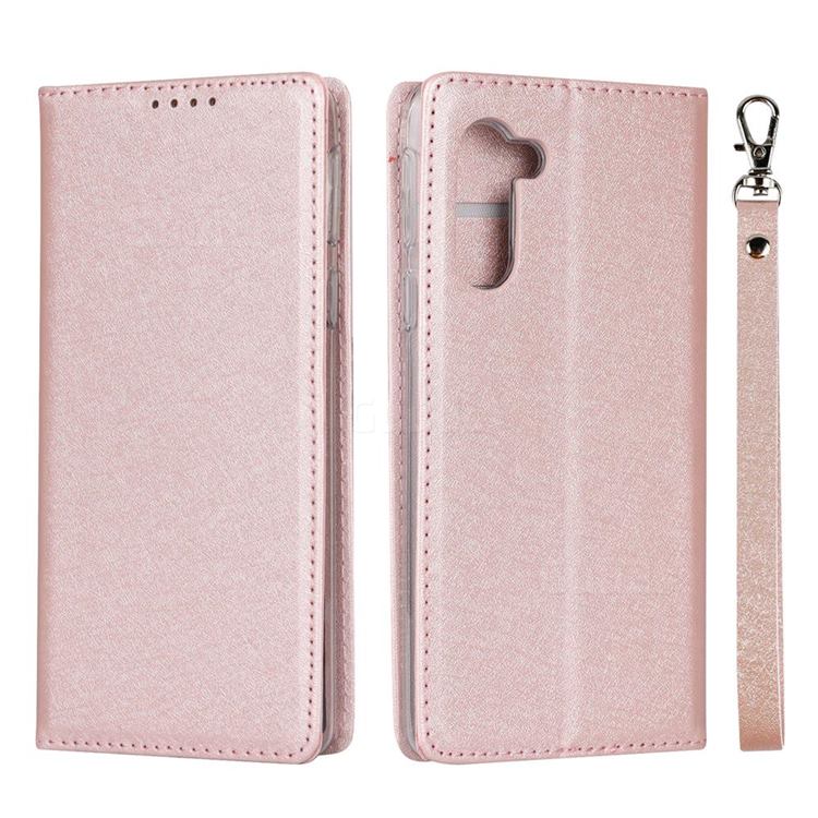 Ultra Slim Magnetic Automatic Suction Silk Lanyard Leather Flip Cover for Sharp Simple Sumaho5 - Rose Gold