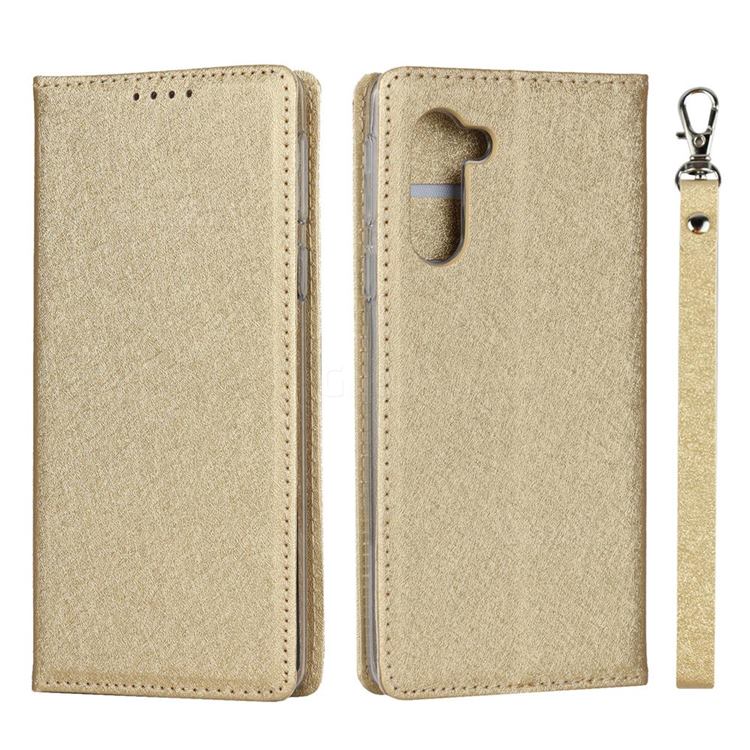 Ultra Slim Magnetic Automatic Suction Silk Lanyard Leather Flip Cover for Sharp Simple Sumaho5 - Golden