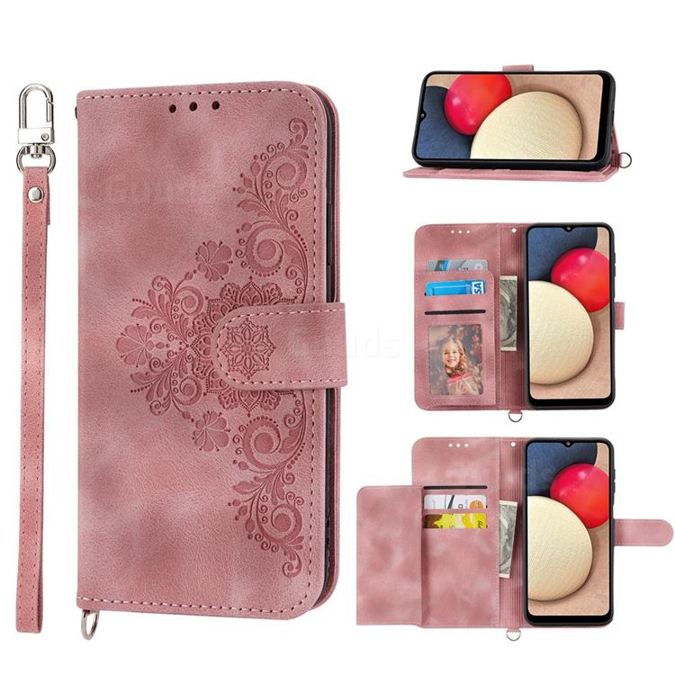Skin Feel Embossed Lace Flower Multiple Card Slots Leather Wallet Phone Case for Sharp Simple Sumaho5 - Pink