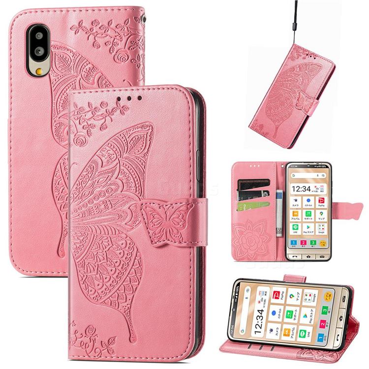 Embossing Mandala Flower Butterfly Leather Wallet Case for Sharp Simple Sumaho6 - Pink