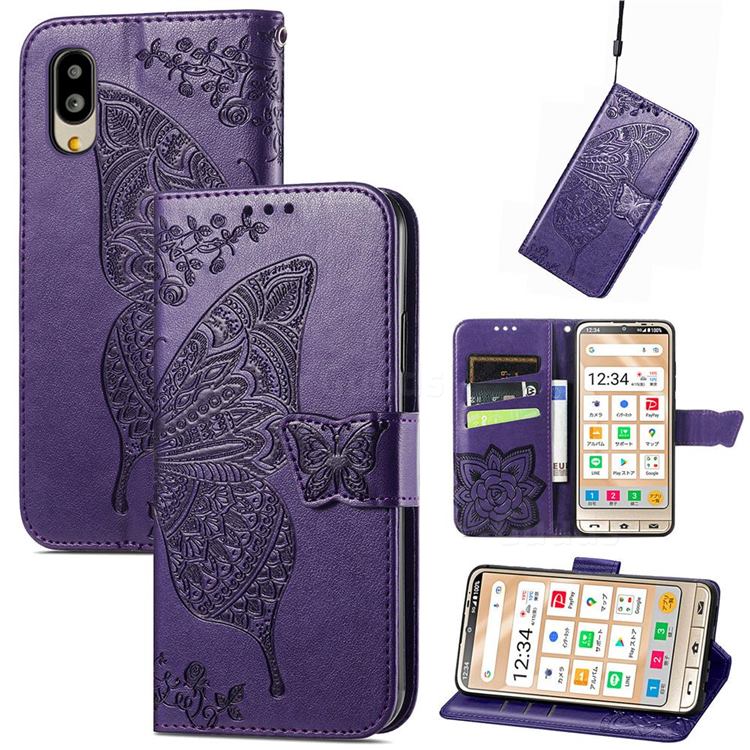 Embossing Mandala Flower Butterfly Leather Wallet Case for Sharp Simple Sumaho6 - Dark Purple