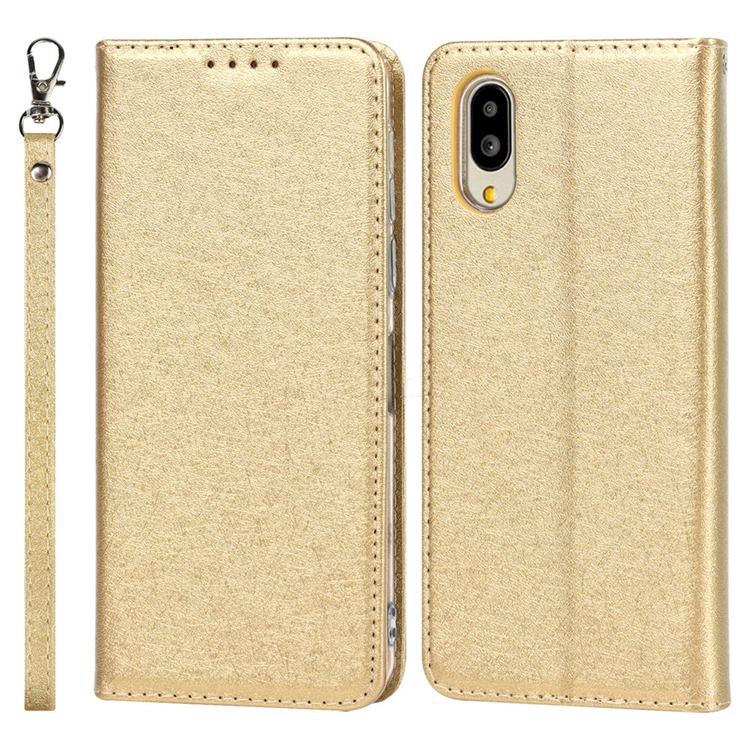 Ultra Slim Magnetic Automatic Suction Silk Lanyard Leather Flip Cover for Sharp Simple Sumaho6 - Golden