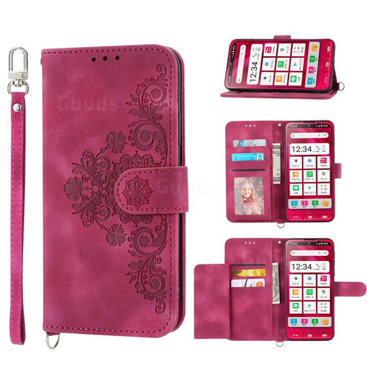 Skin Feel Embossed Lace Flower Multiple Card Slots Leather Wallet Phone Case for Sharp Simple Sumaho6 - Claret Red